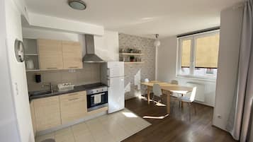 Two-Bedroom apartment with balcony | Private kitchen | Full-size fridge, microwave, oven, stovetop