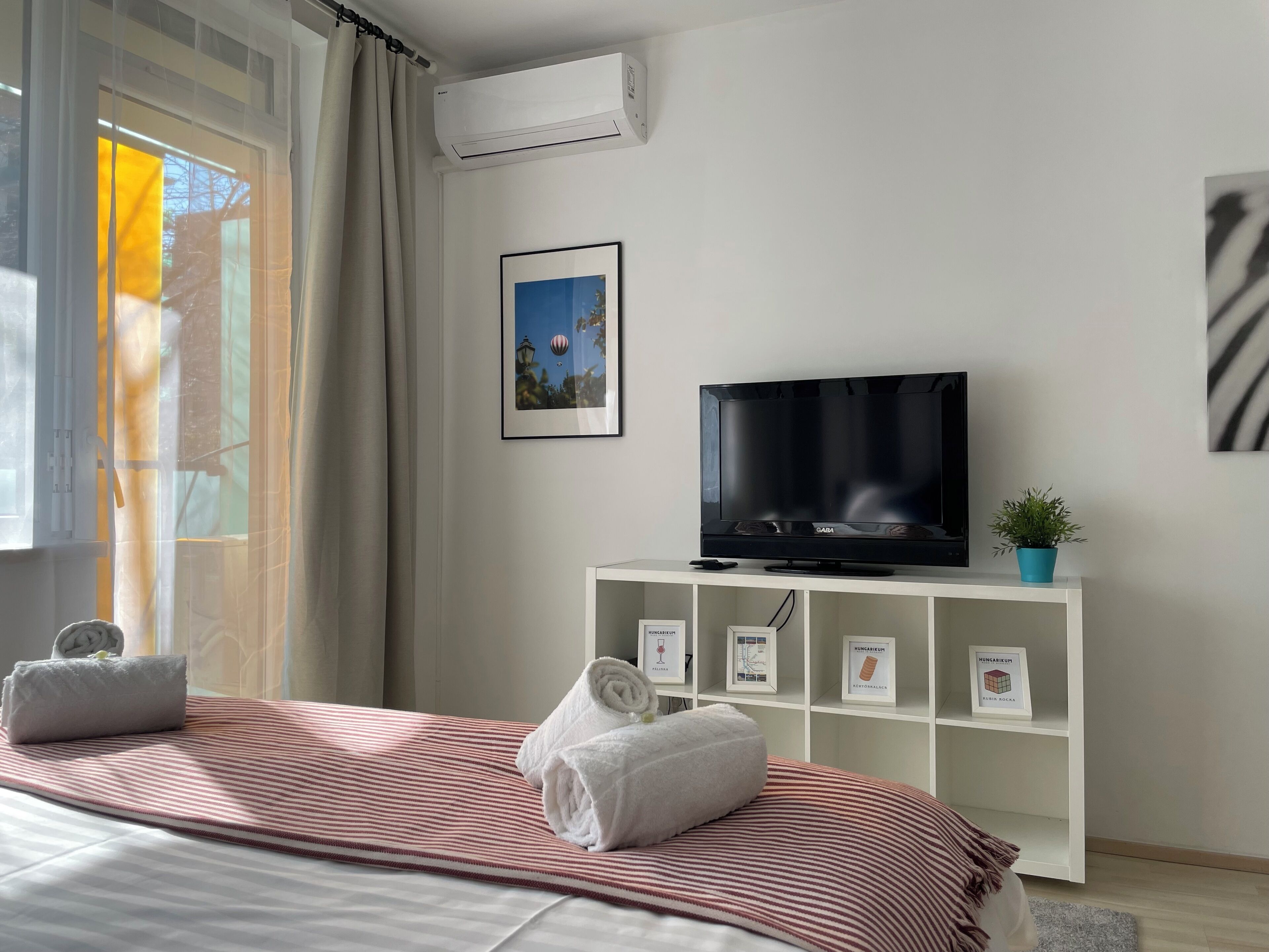A hotel room with a bed, a TV, a small plant, and framed pictures on a shelf.