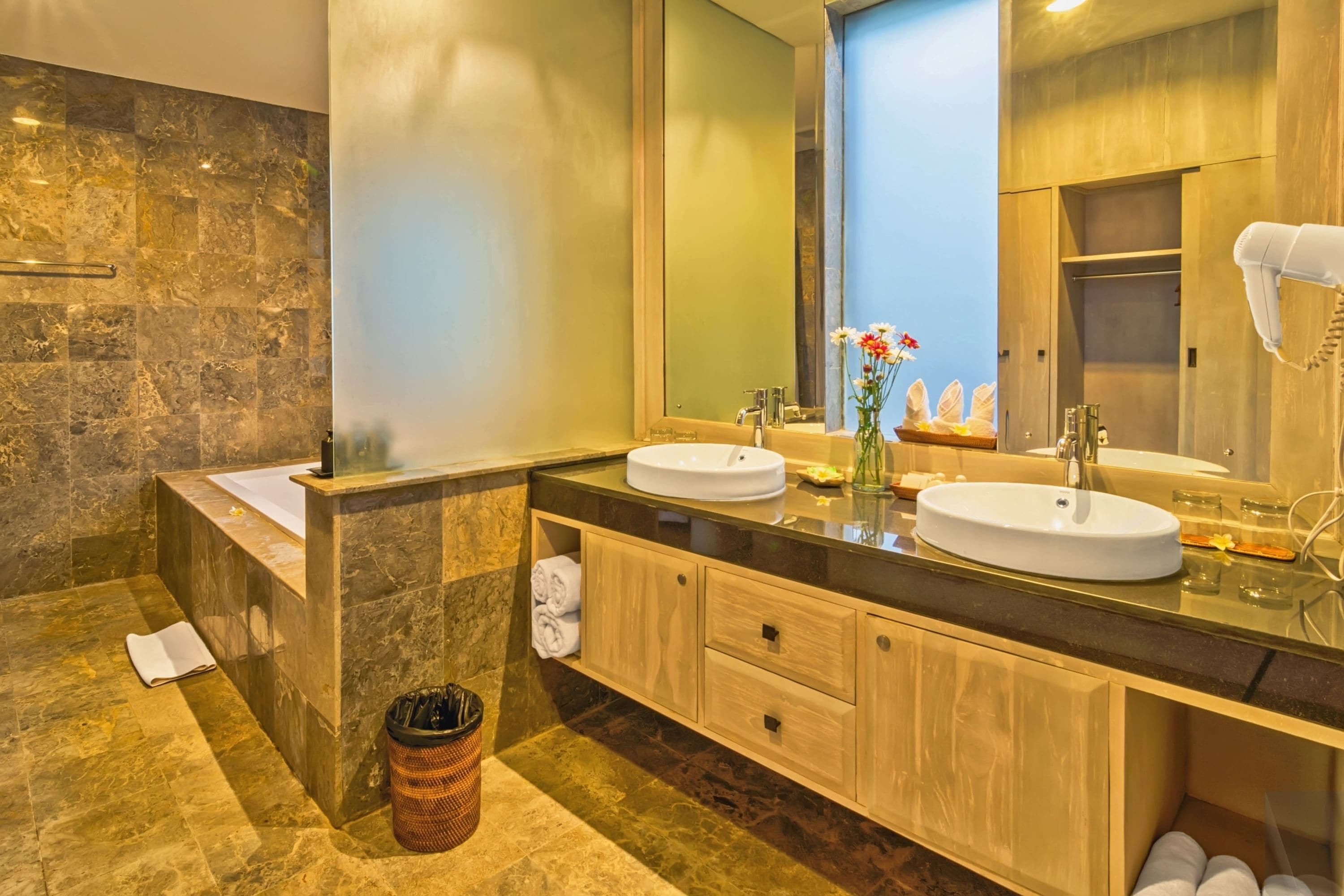 shower, free toiletries, hair dryer, bathrobes