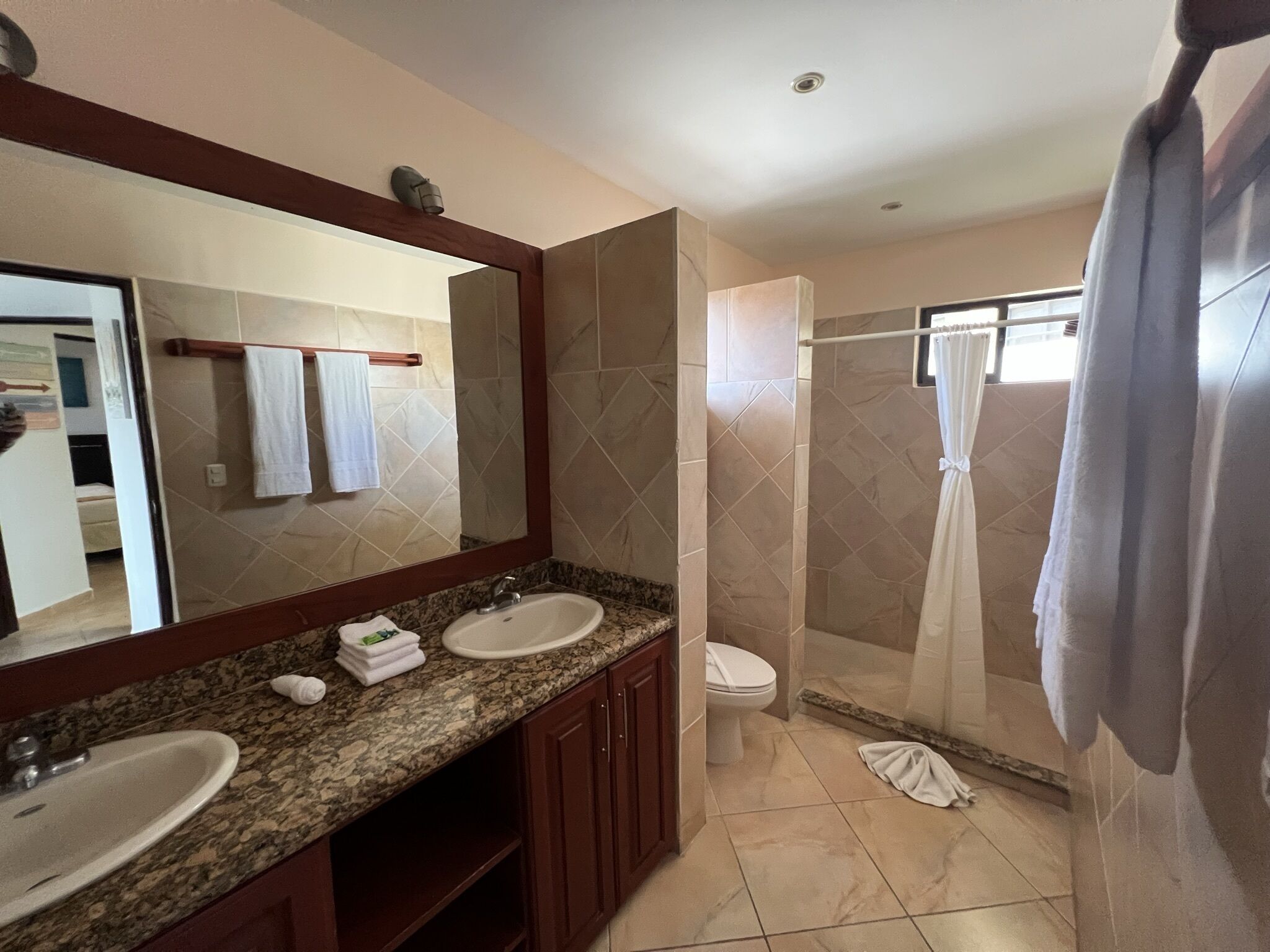 Un baño con dos lavamanos, un espejo, una ducha y un inodoro.