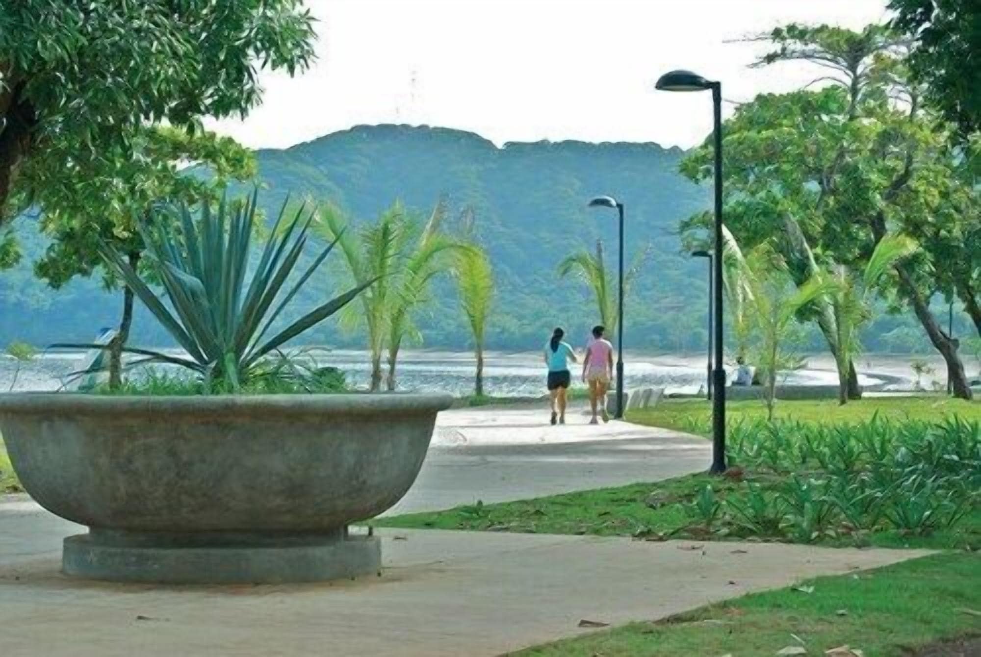 Un camino pavimentado con una jardinera grande al frente, un farol y dos personas caminando a lo lejos.