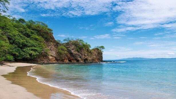 A beach with clear turquoise water, a sandy shore, and a rocky cliff with vegetation. - Tropical Gardens (Sardinal)