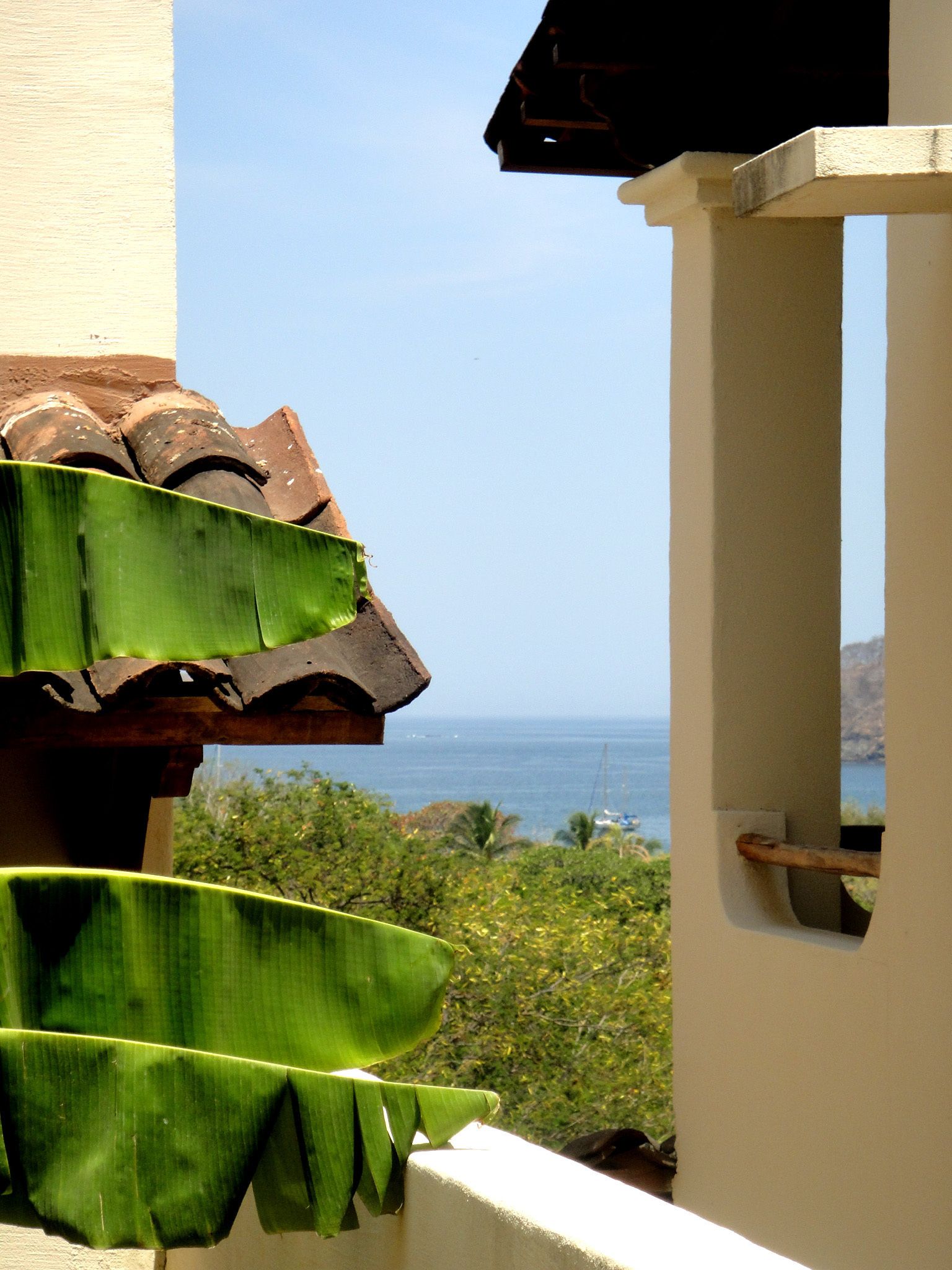 A view of a coastal area with a building featuring a balcony with a banana leaf.