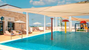 2 outdoor pools, open 7 AM to 7:30 PM, pool umbrellas, pool loungers