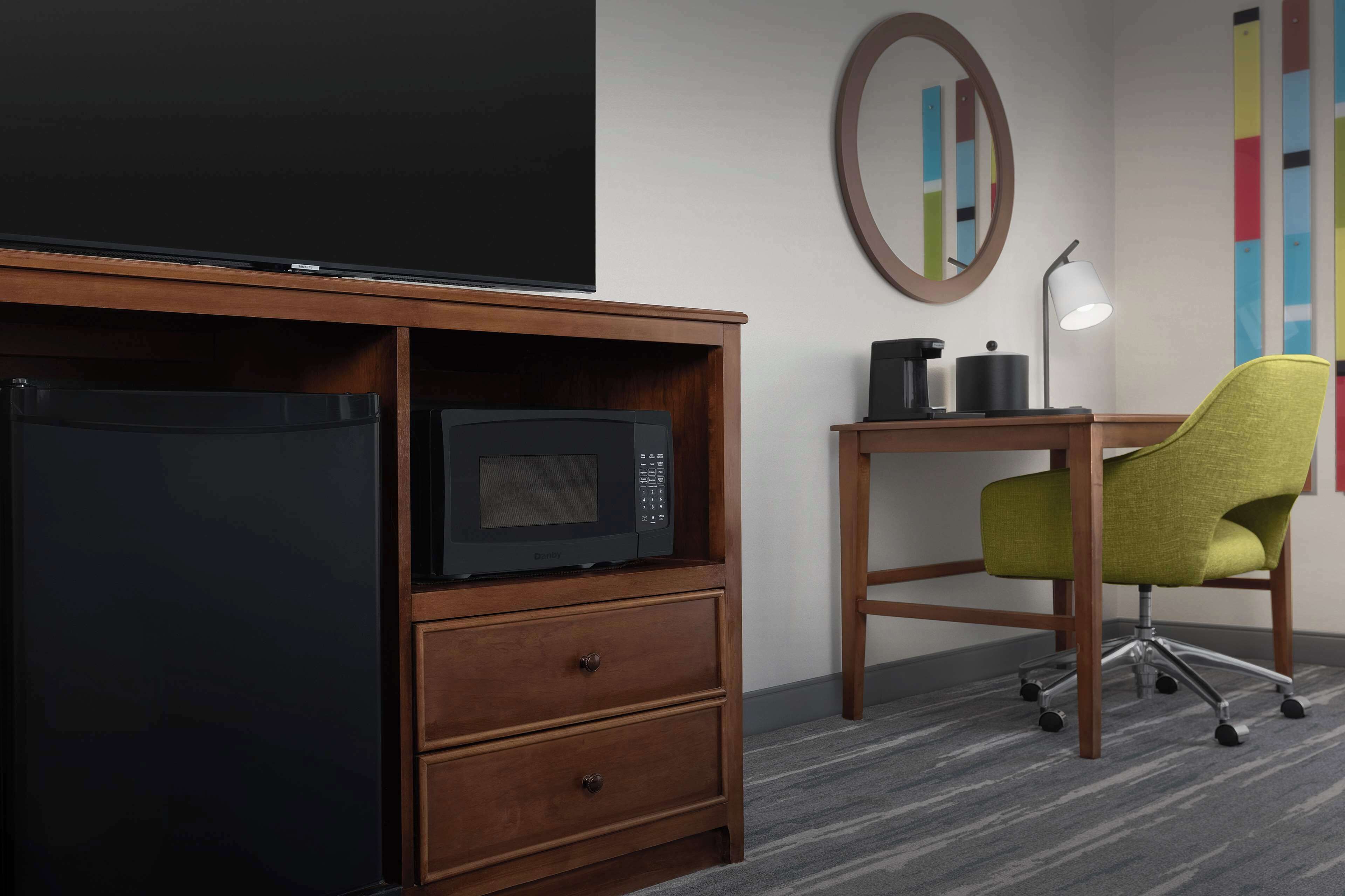 premium bedding, desk, laptop workspace, blackout curtains