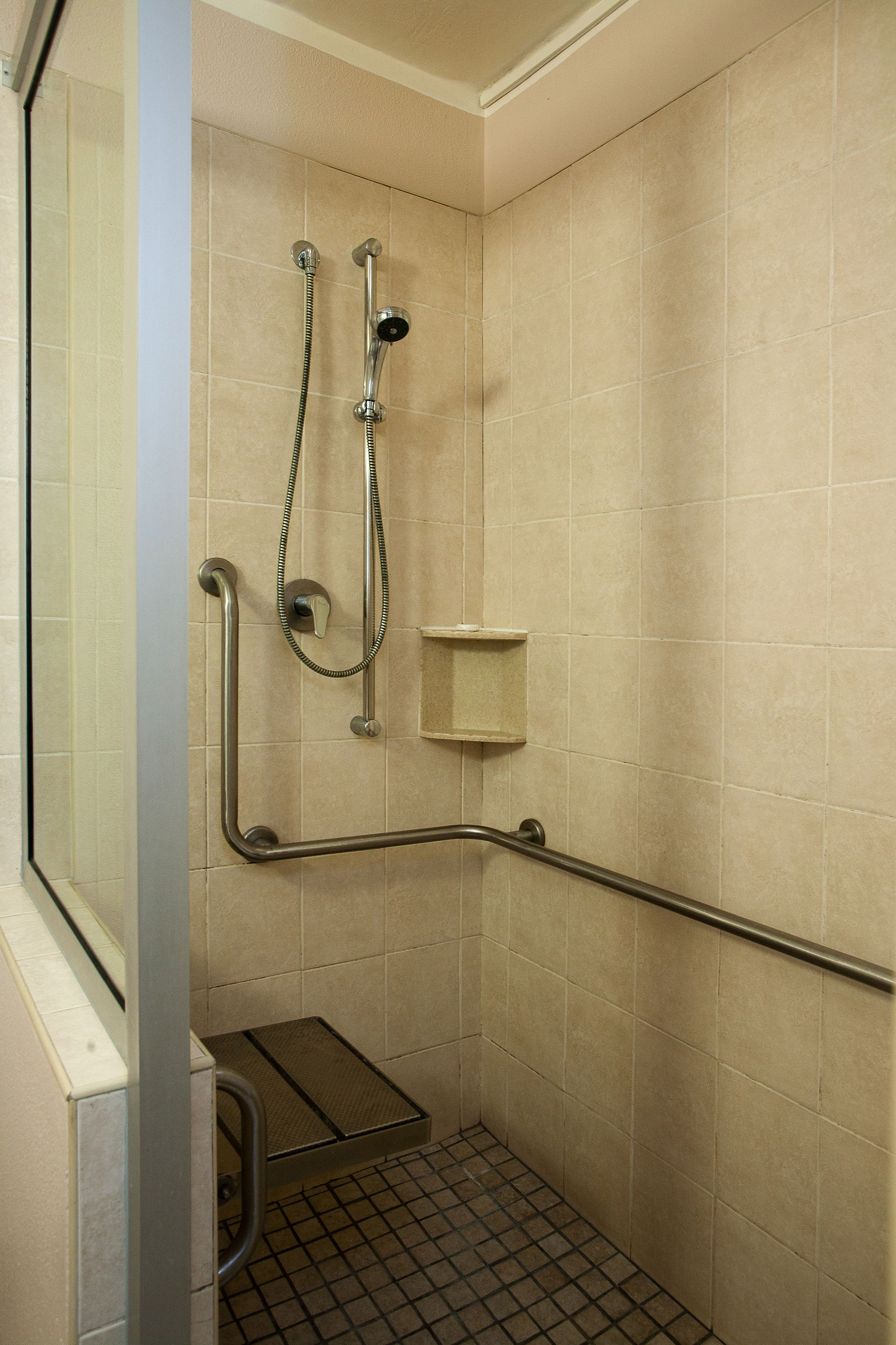 A shower area with a grab bar, a handheld showerhead, and a shelf.