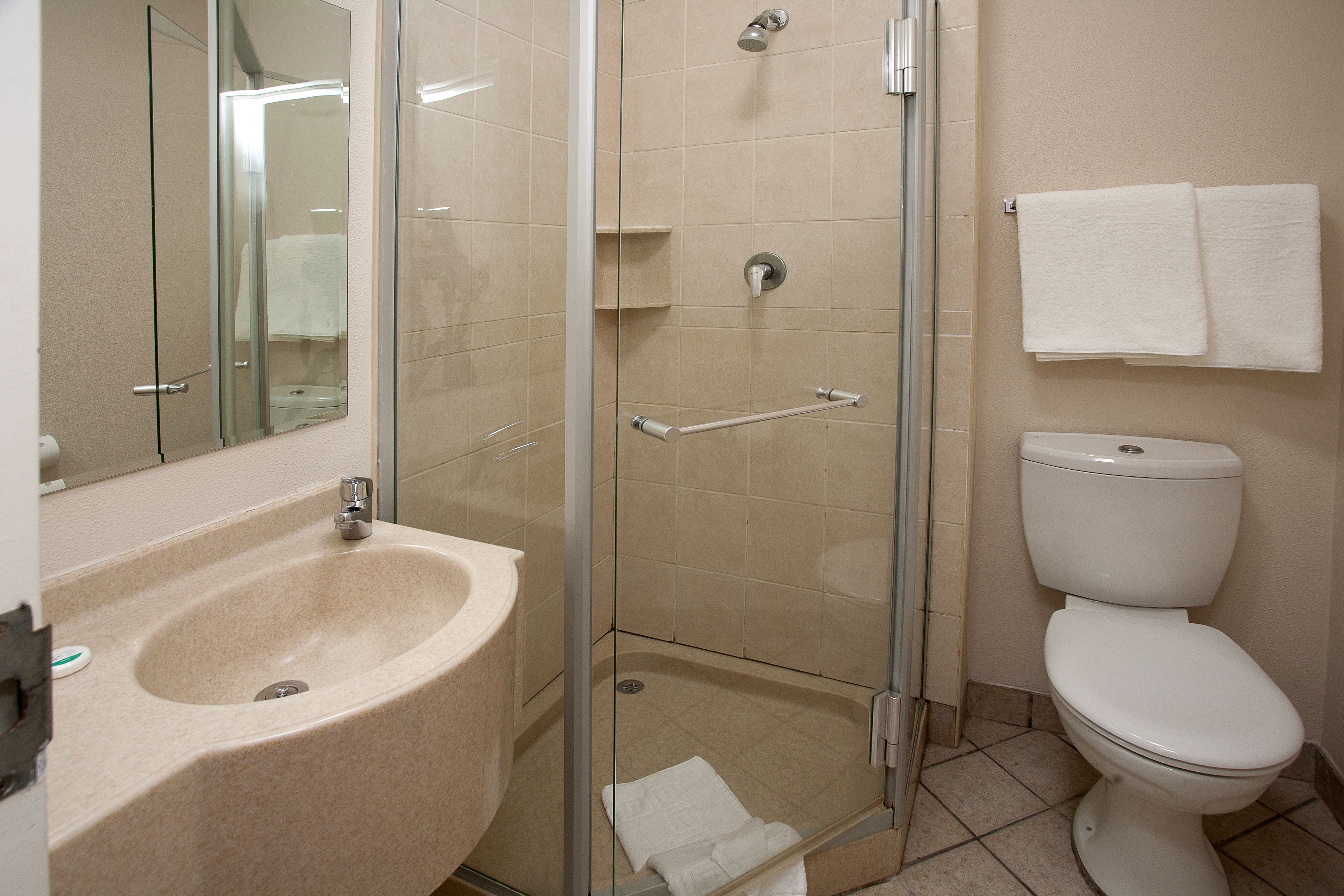 A bathroom with a glass shower enclosure, a sink, and a toilet.