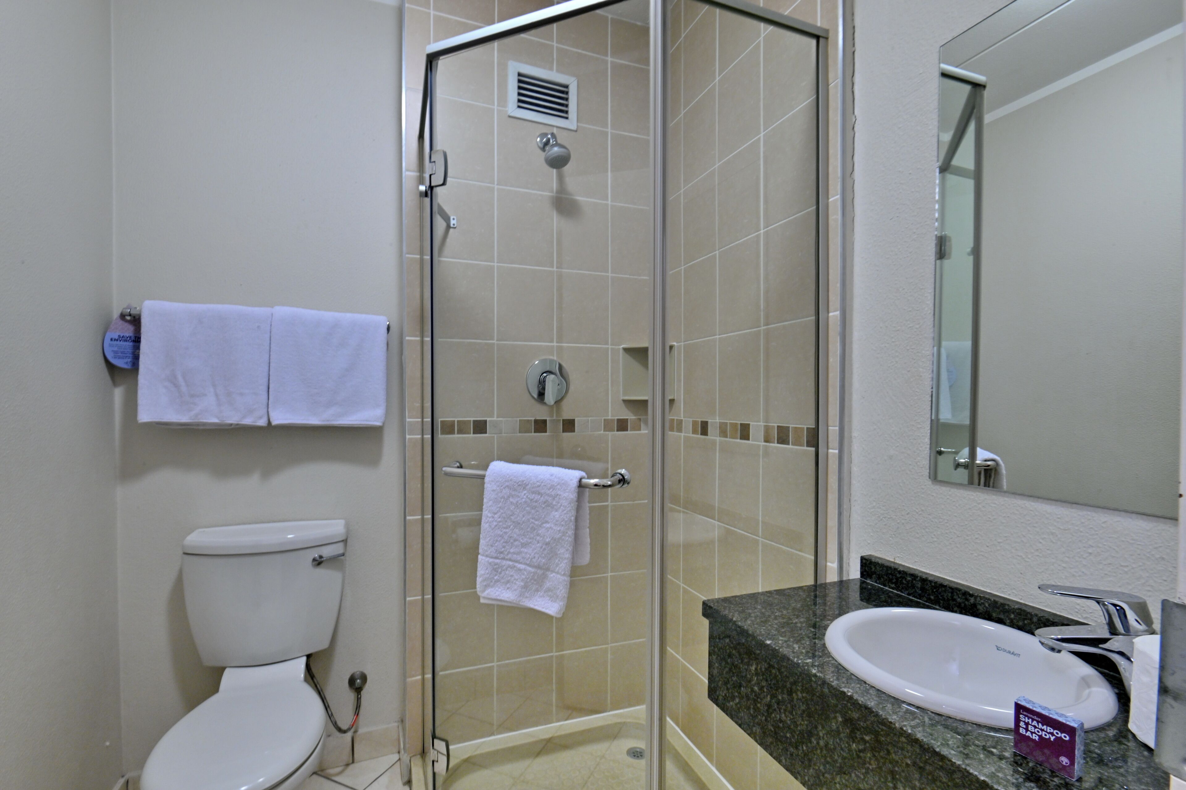 Shower, free toiletries, hair dryer, towels