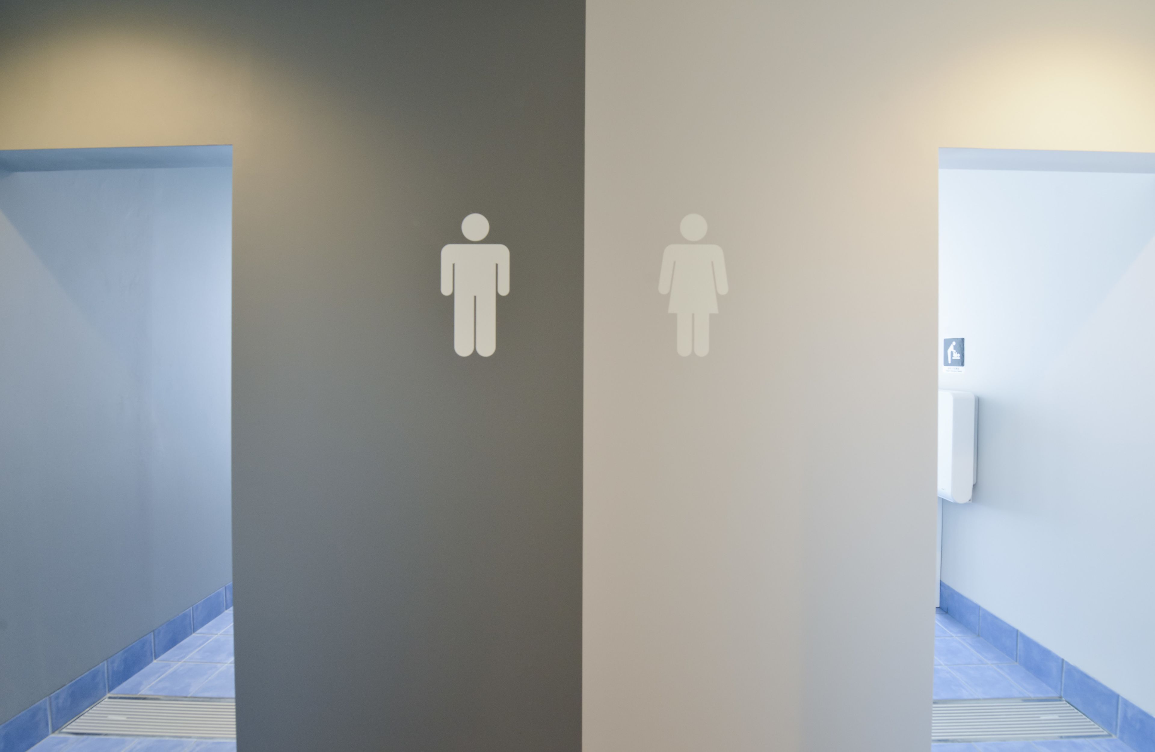 A restroom with a blue and grey wall, a white hand dryer, and a blue tiled floor.