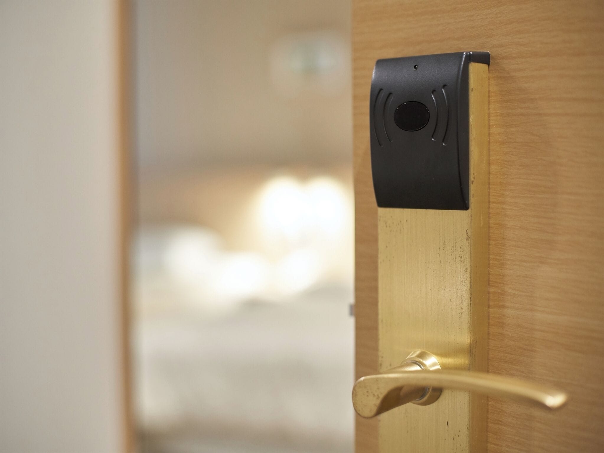 Une porte dotée d’une poignée en laiton et d’un dispositif de sécurité noir.