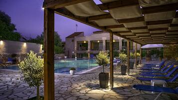 Seasonal outdoor pool, pool loungers