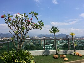 Un jardín en la azotea con vistas a un paisaje urbano y montañas a lo lejos.