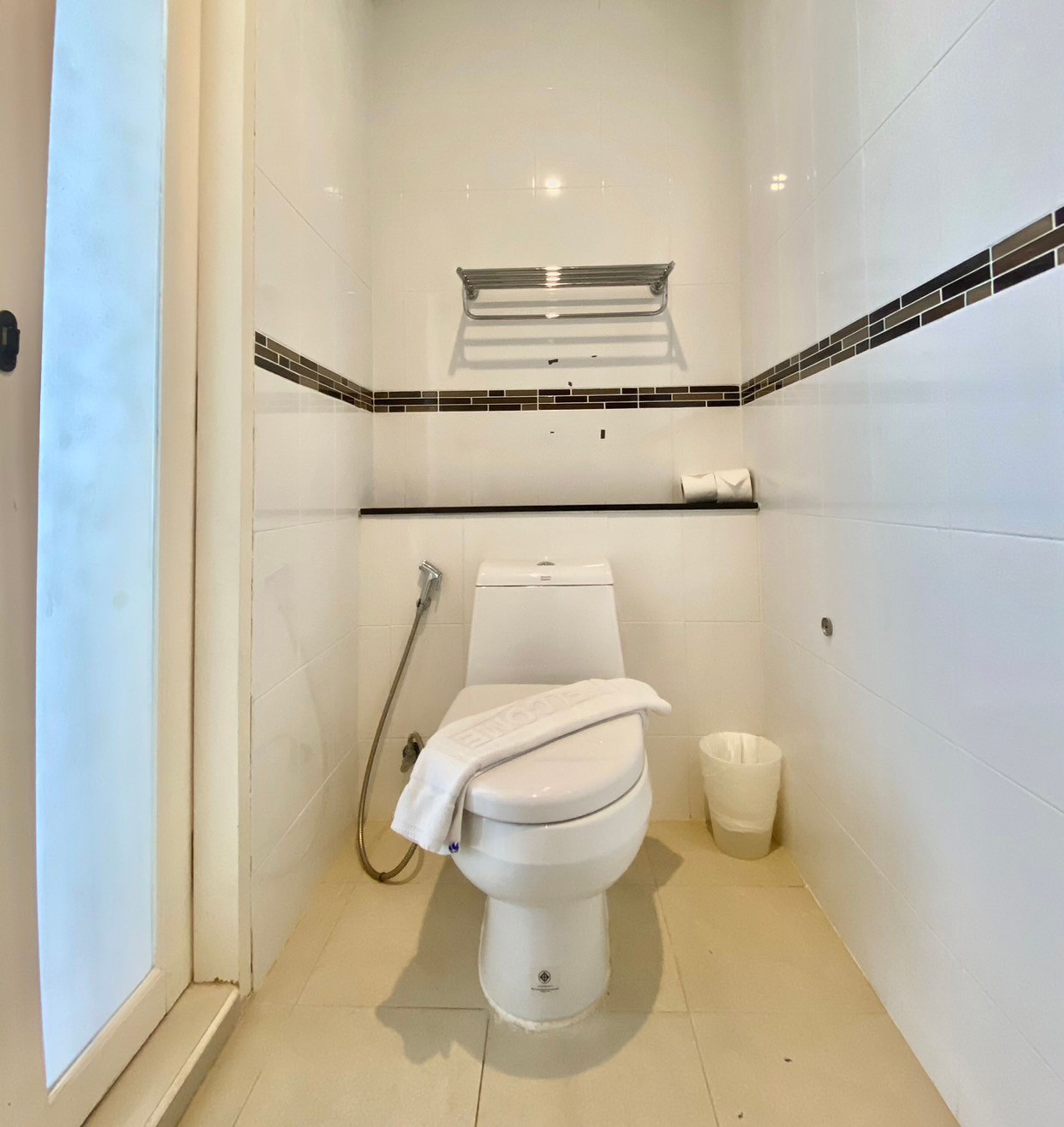Um banheiro pequeno e limpo, com vaso sanitário, chuveiro e porta-toalhas.