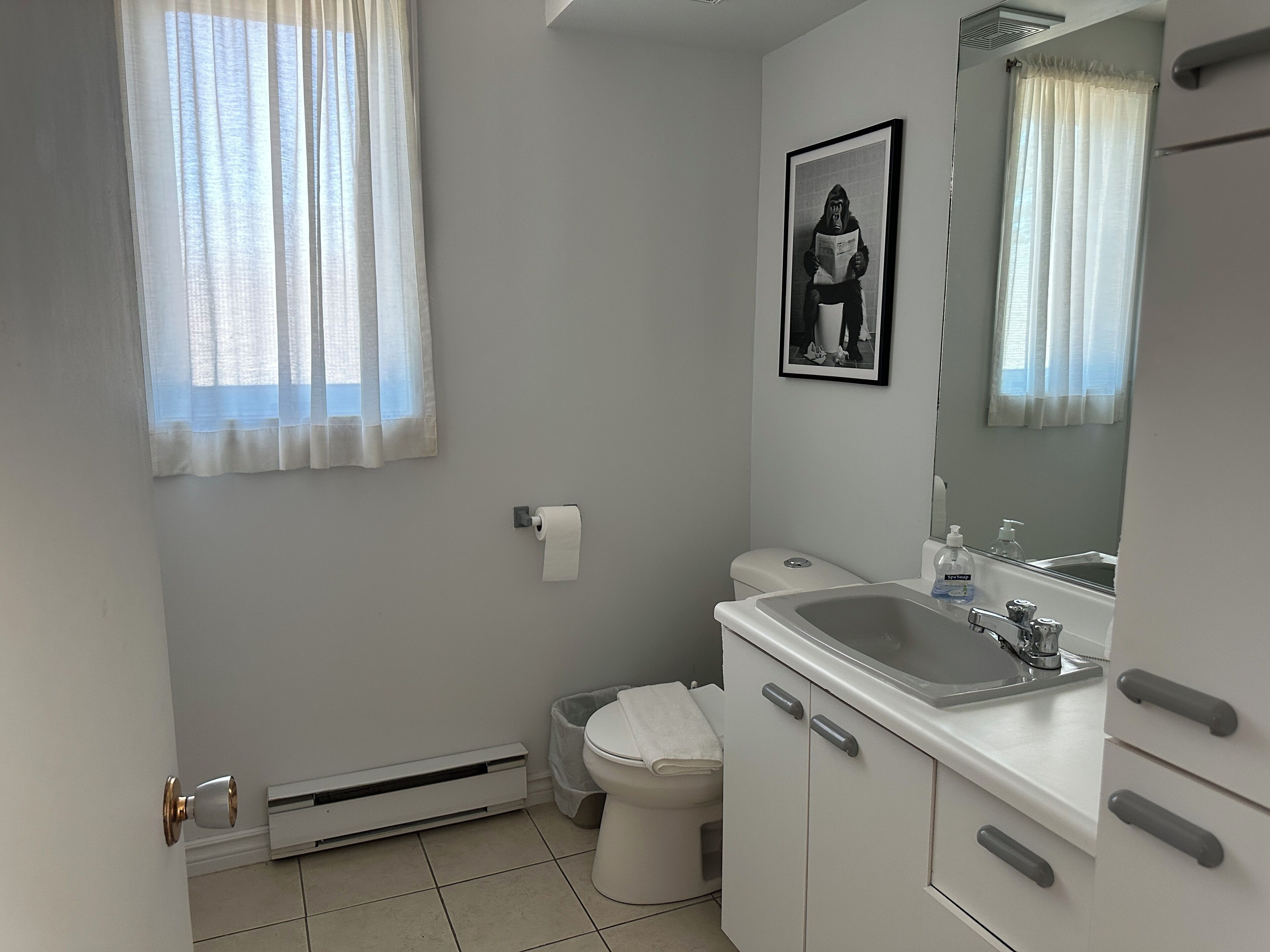 Une salle de bain avec des toilettes, un lavabo et un tableau encadré au mur.