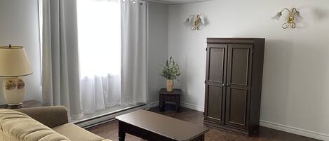 A living room with a sofa, a coffee table, a lamp, a plant, and a cabinet.