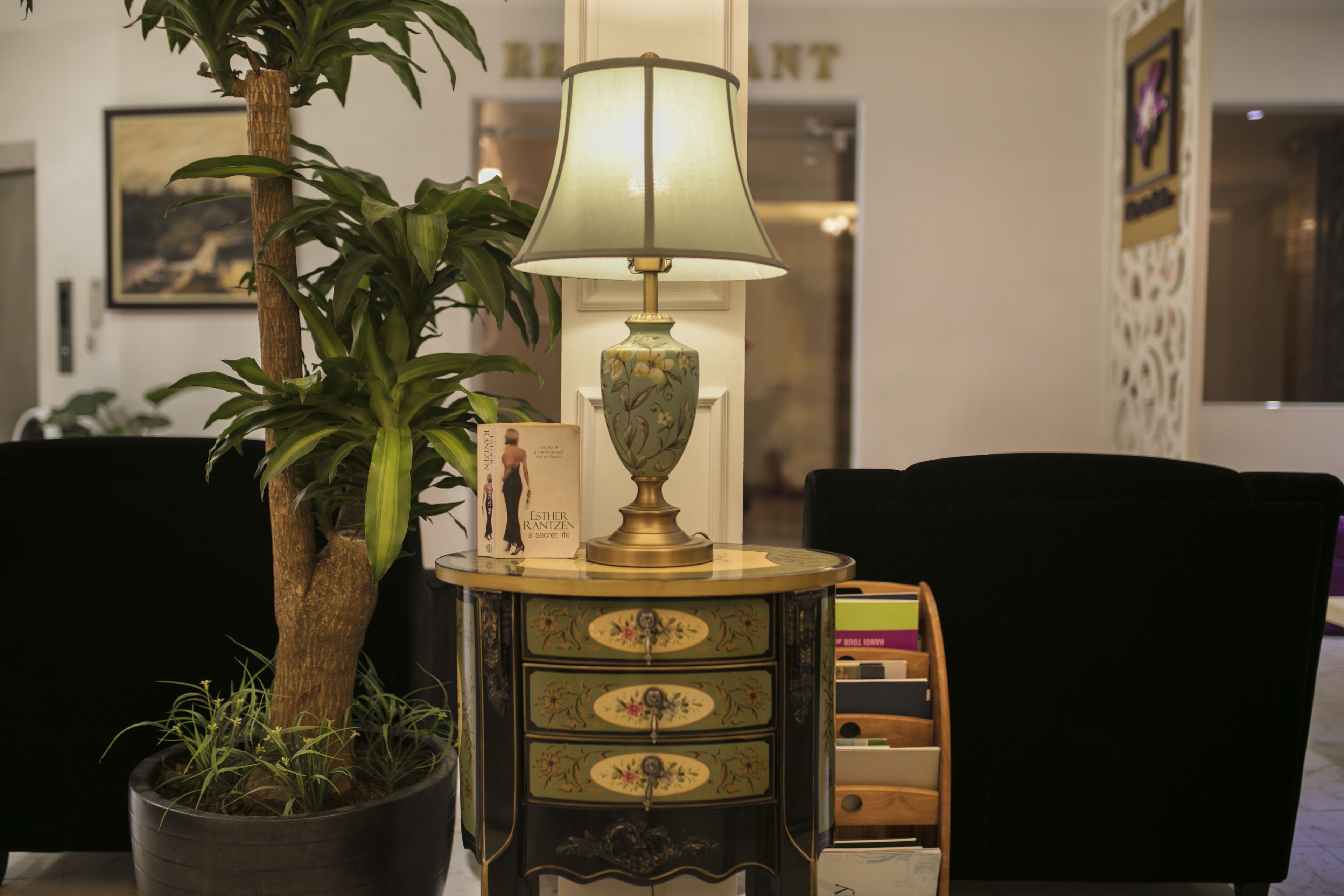 A lobby with a potted plant, a lamp, a decorative cabinet, and a framed picture on the wall.