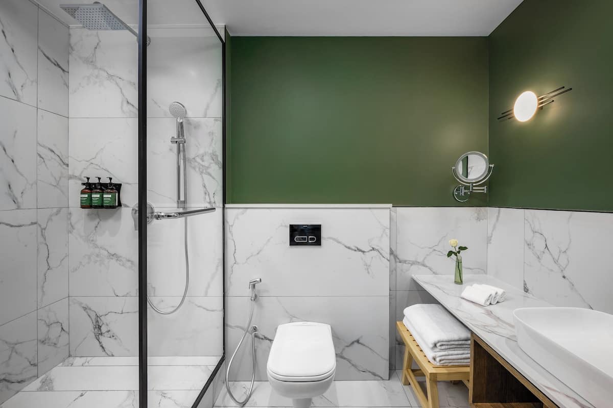 Shower, rainfall showerhead, free toiletries, hair dryer