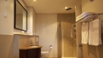 A modern bathroom with a sink, toilet, and glass-enclosed shower.
