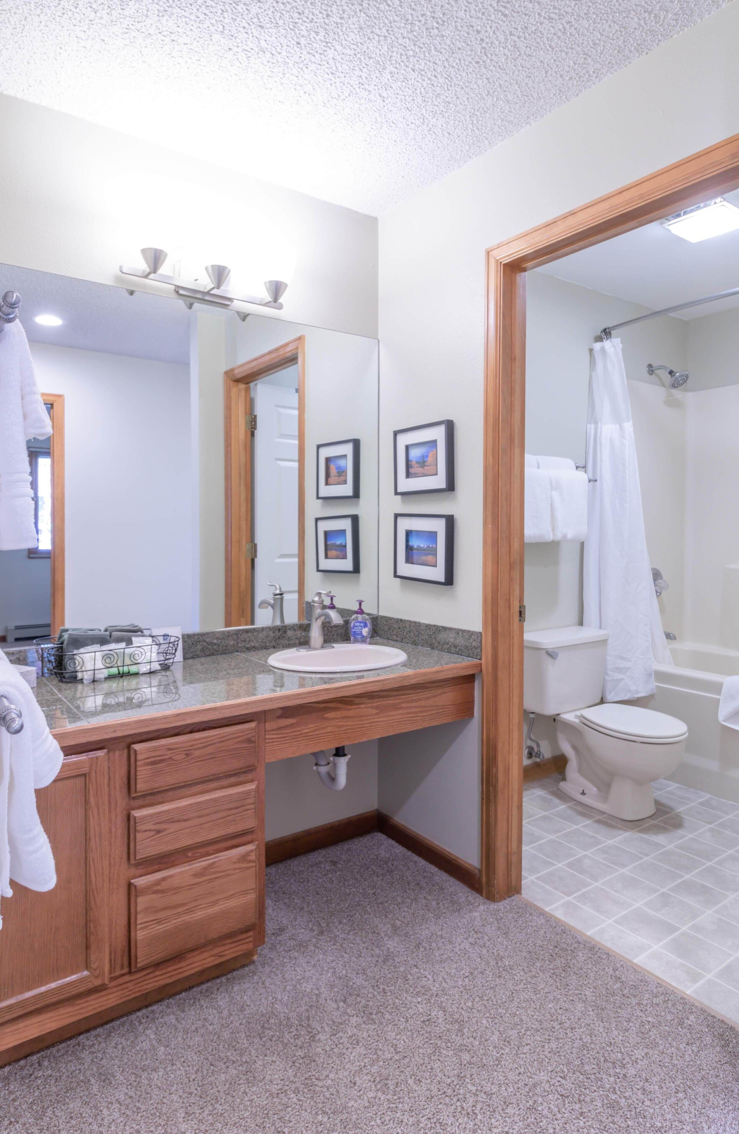 A bathroom with a wooden vanity, sink, and mirror. There are framed pictures on the wall, a shower curtain, and a toilet.