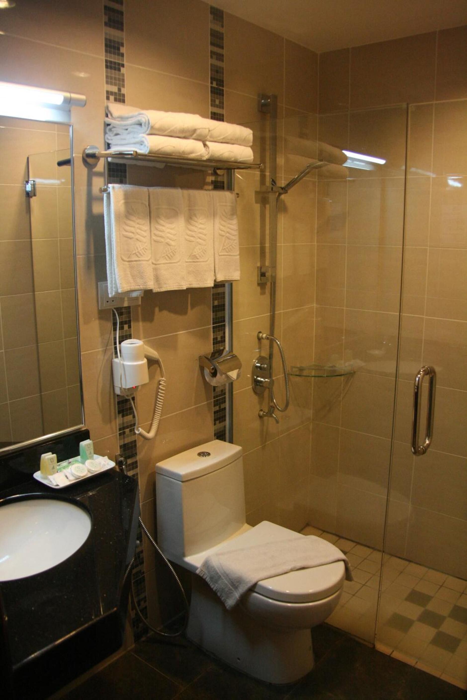 Un baño con ducha de vidrio, inodoro y lavabo con espejo.