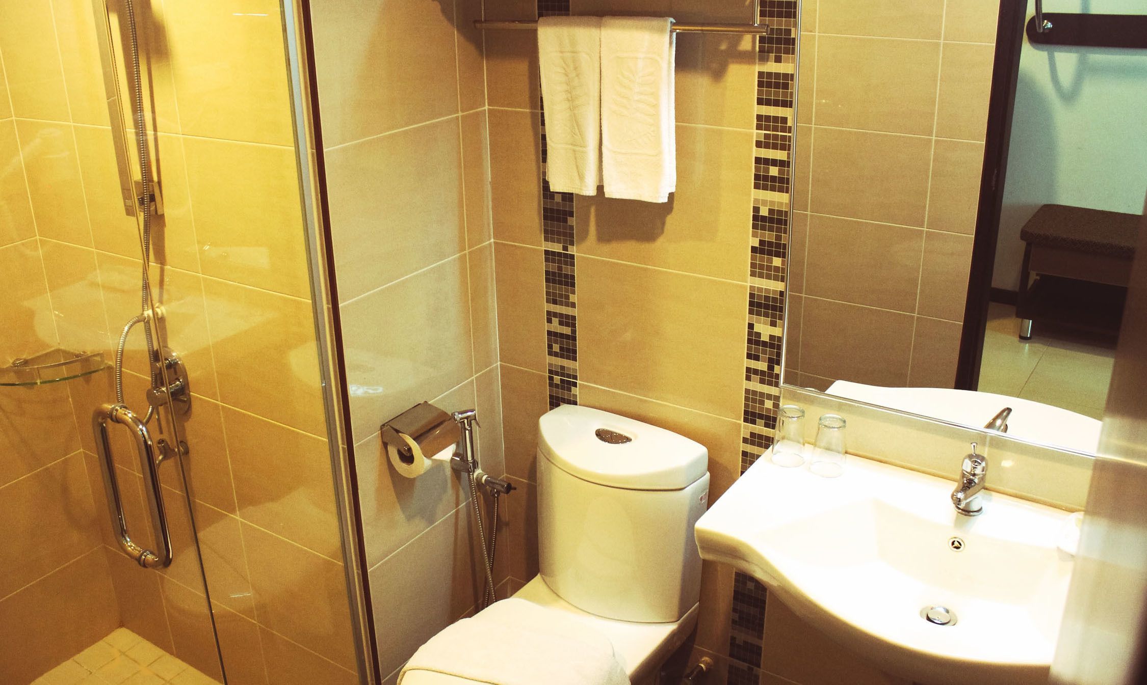 Een badkamer met een douchecabine van glas, een toilet en een wastafel.
