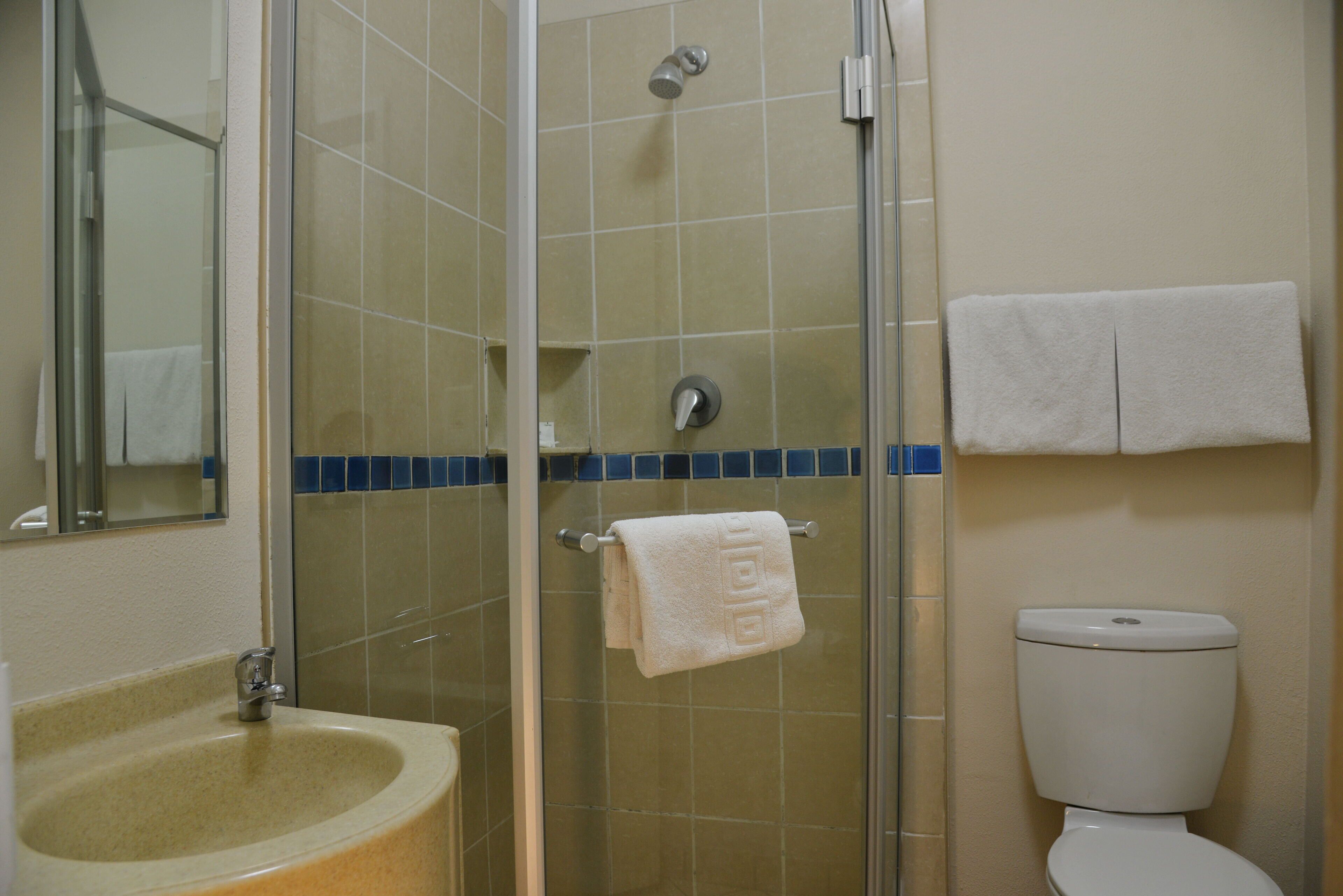 Et badeværelse med bruseniche, vask og toilet.
