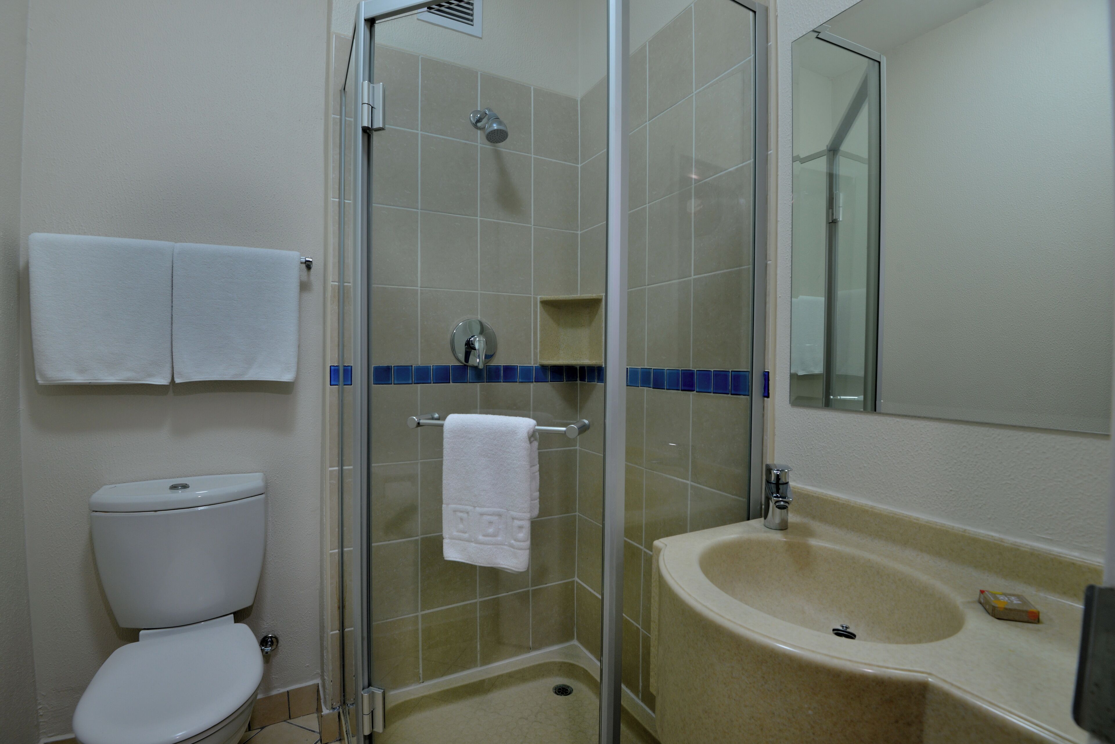 A bathroom with a toilet, a shower, and a sink.