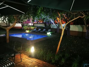 Outdoor pool, pool umbrellas, pool loungers