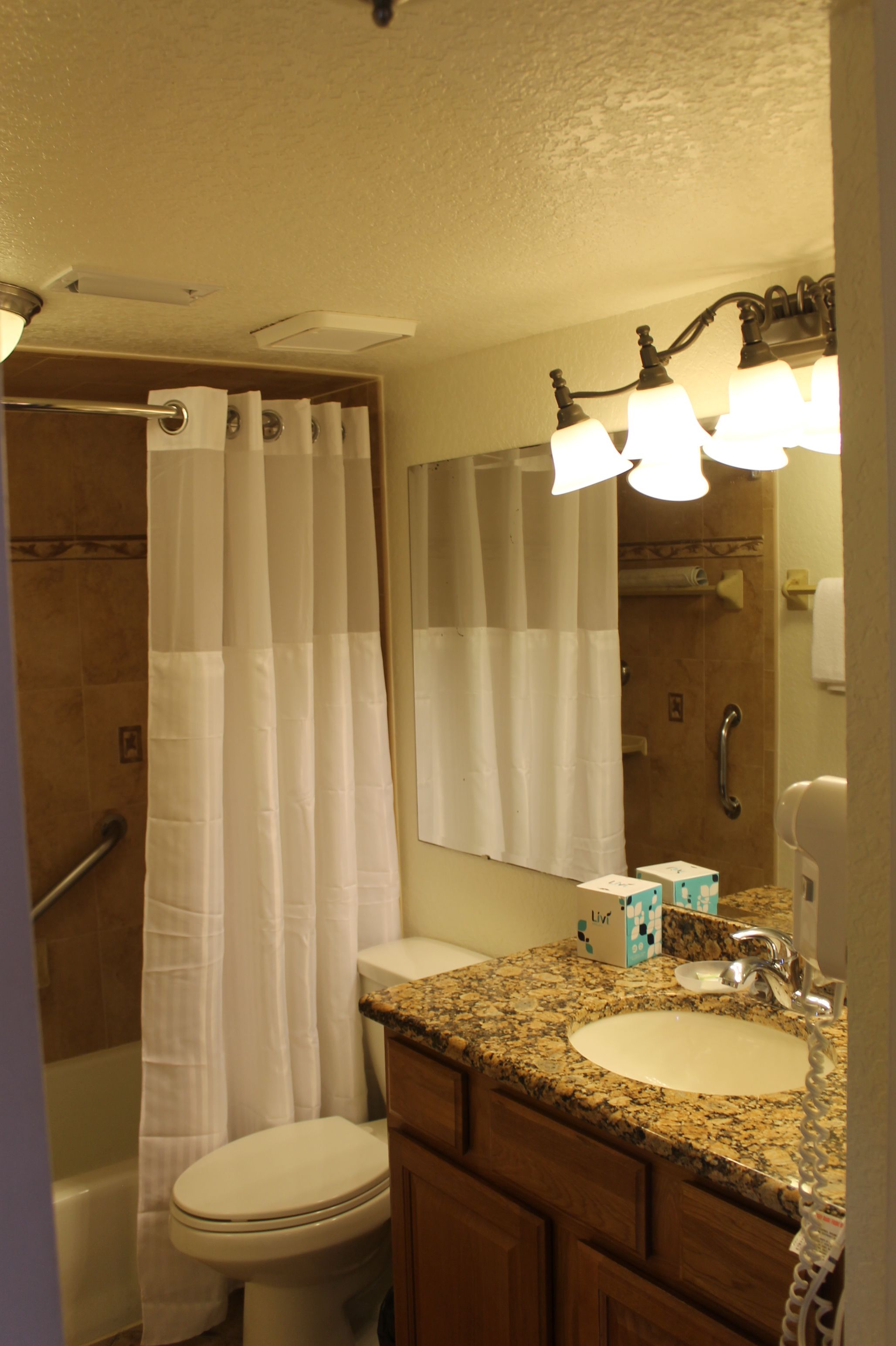 A bathroom with a shower, toilet, sink, and vanity.