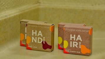 Two boxes of hand soap and body bar soap from City Lodge Hotel Group.