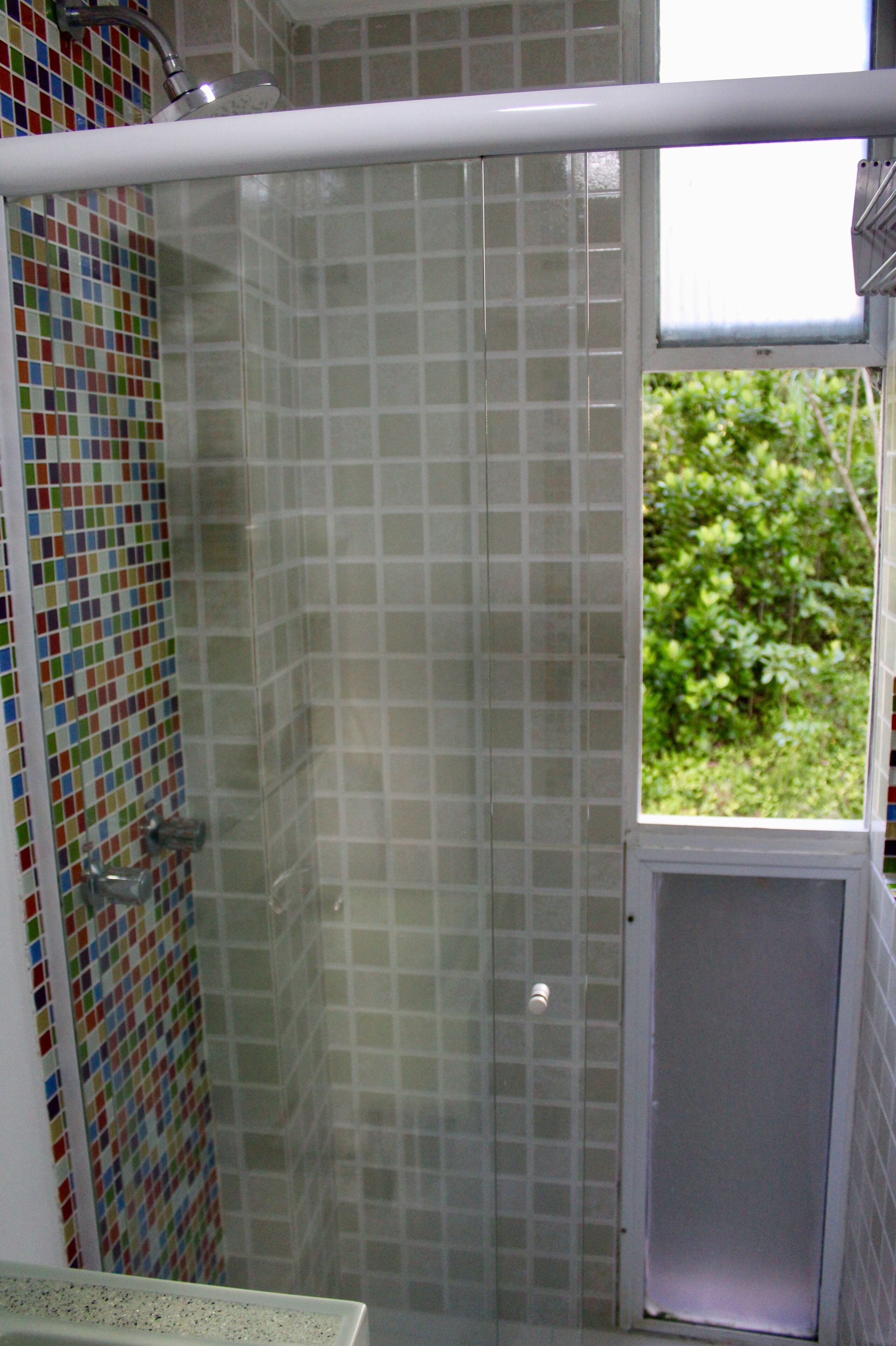 Ducha con puerta de vidrio, pared con azulejos y ventana con vista a follaje.