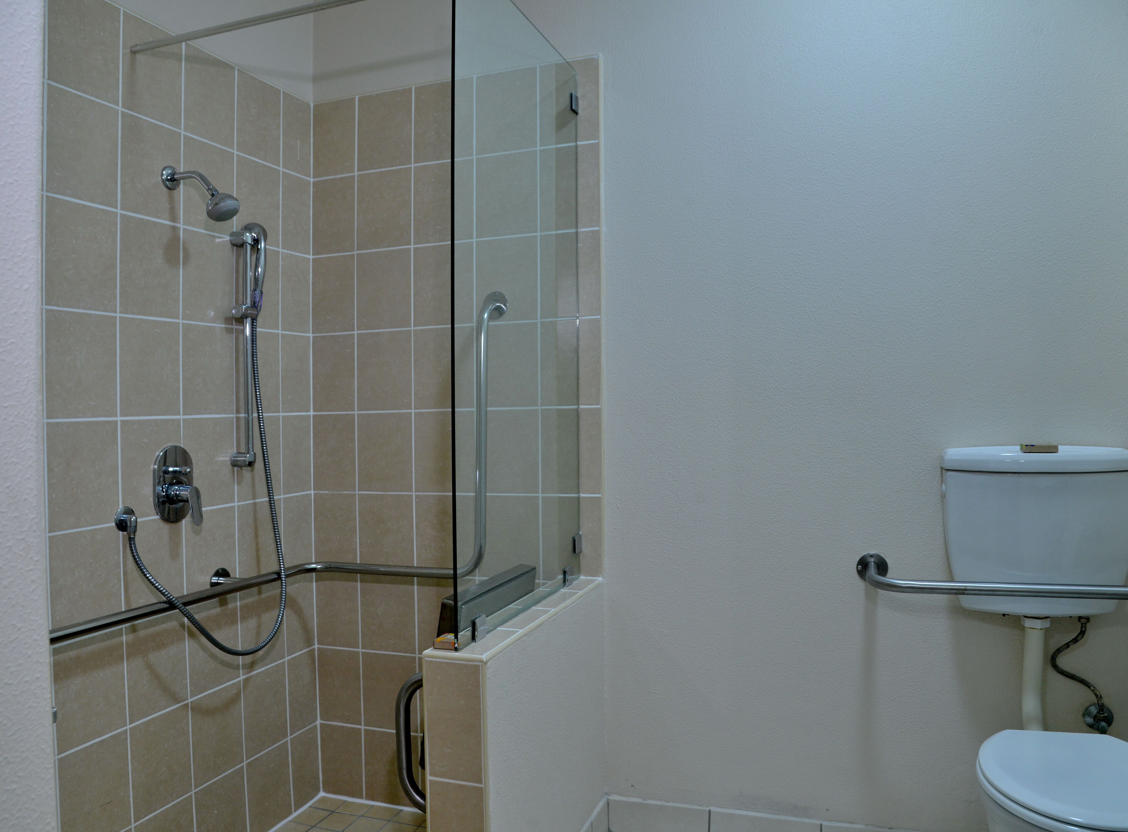 Un bagno con doccia, WC e maniglie di sostegno.