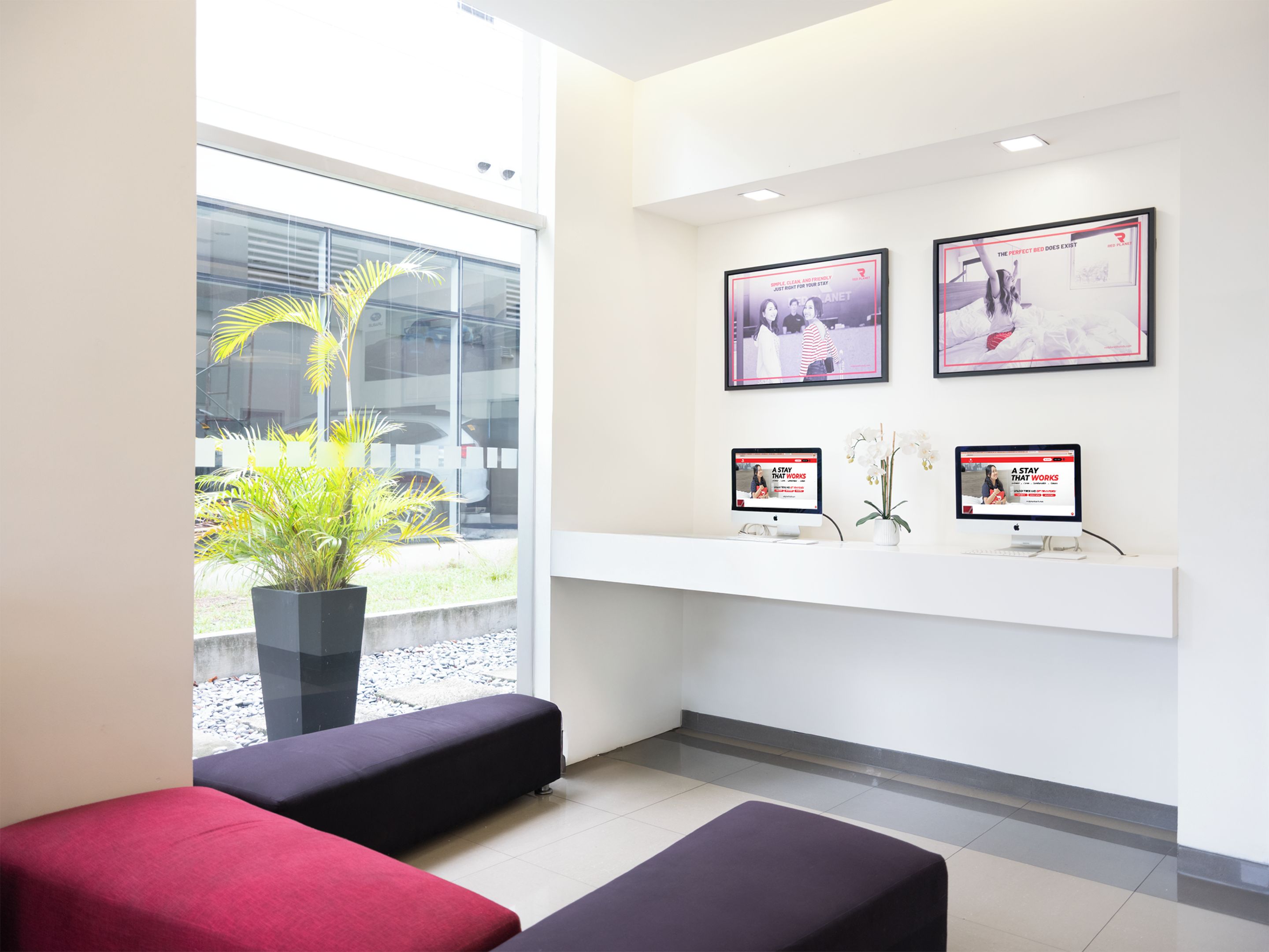 A reception area with a large window, two computer monitors, a potted plant, and a bench.