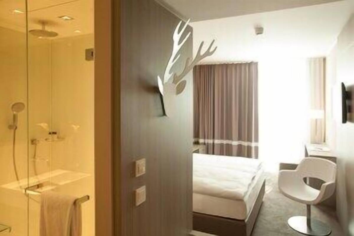 A hotel room with a shower, a bed, a desk, and a chair.
