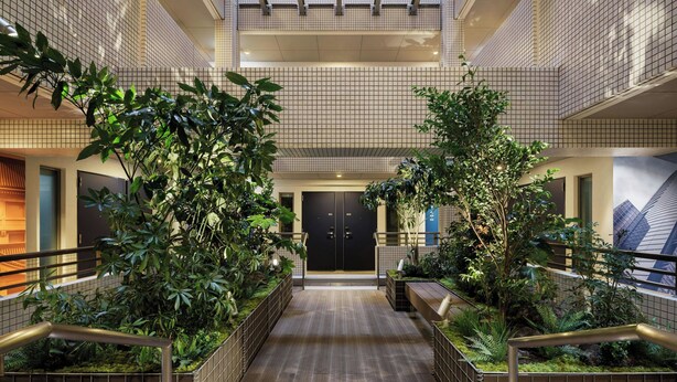 A modern indoor corridor with a wooden floor, metal railings, and lush greenery. - Four Points Flex By Sheraton Tokyo Ueno (Tokyo)