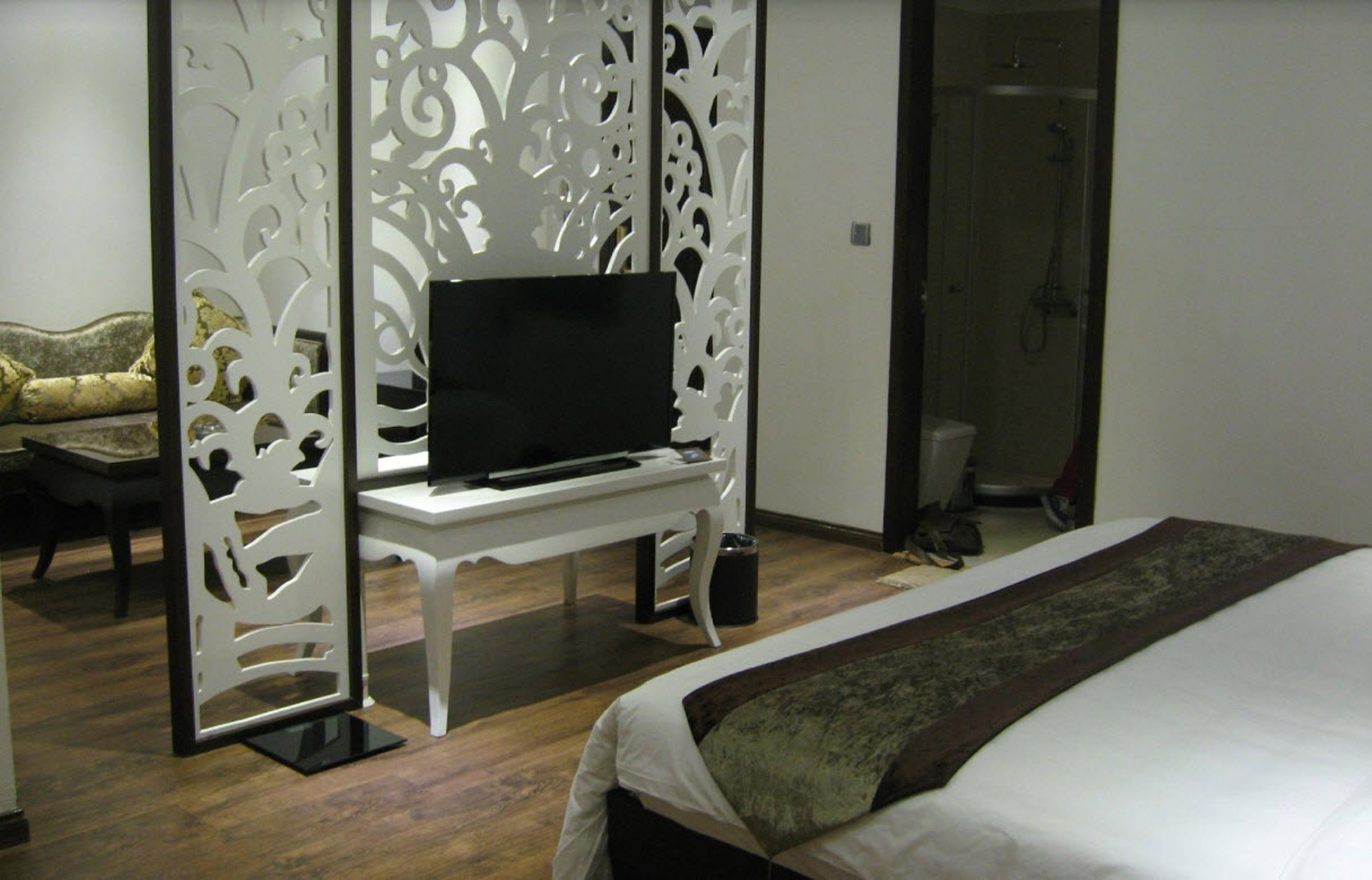 A hotel room with a bed, a TV on a white stand, a sofa, and a shower area.