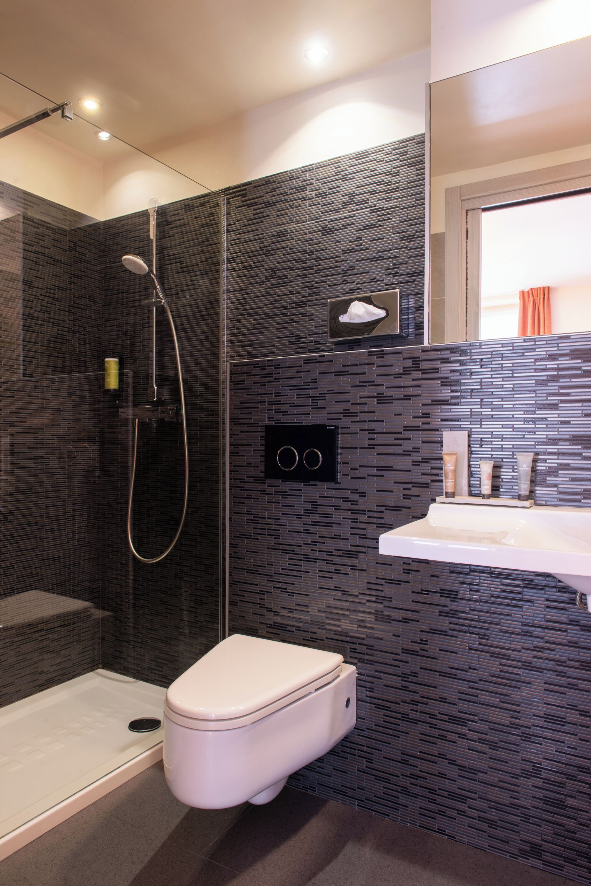 Une salle de bain moderne avec une douche à parois de verre, des toilettes blanches et un lavabo équipé de produits de toilette.