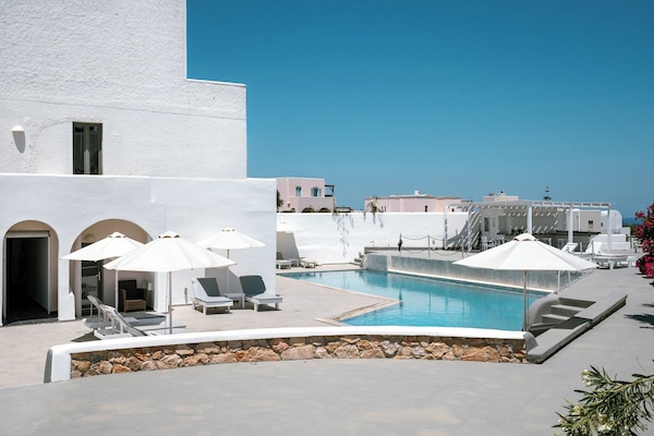 Outdoor pool, pool umbrellas, pool loungers