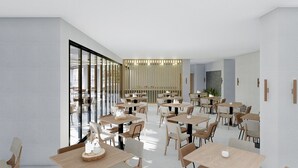 A modern dining area with multiple tables and chairs, large windows, and a decorative wooden panel in the background. - Stemma Hotel (Corfu)