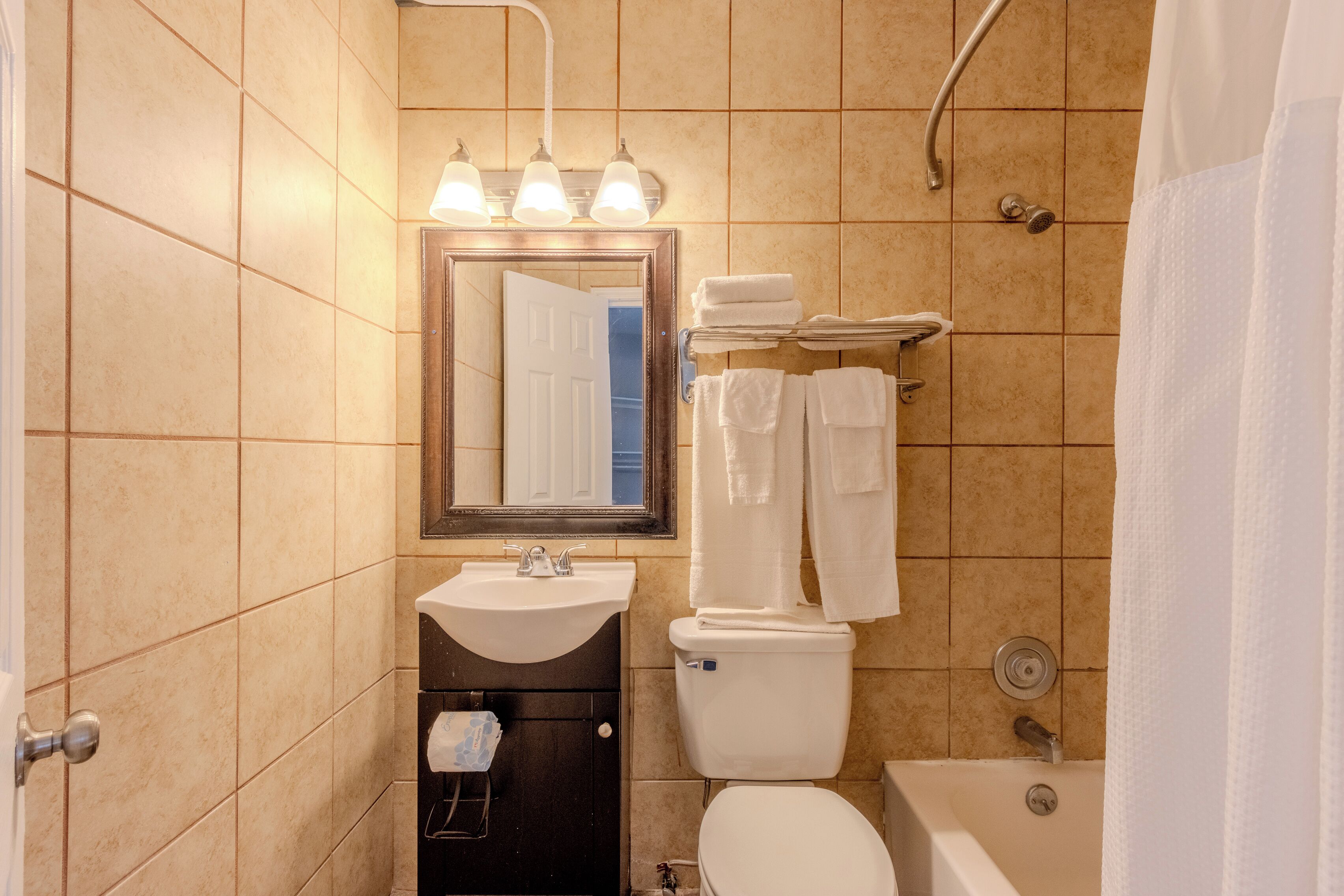 Un bagno con lavandino, WC e vasca da bagno. Sopra lo specchio ci sono tre lampade, e degli asciugamani sono impilati su un porta-asciugamani.