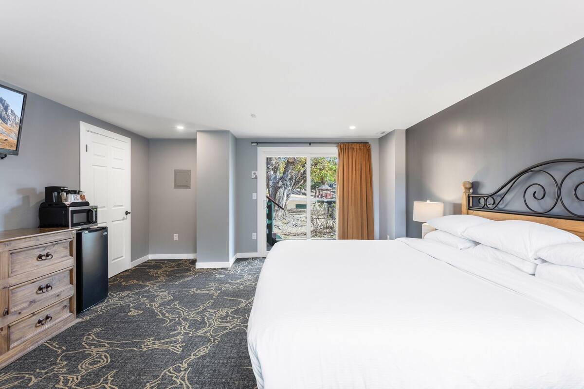 A hotel room with a bed, a desk with a microwave, a refrigerator, a dresser, and a view of the outdoors.