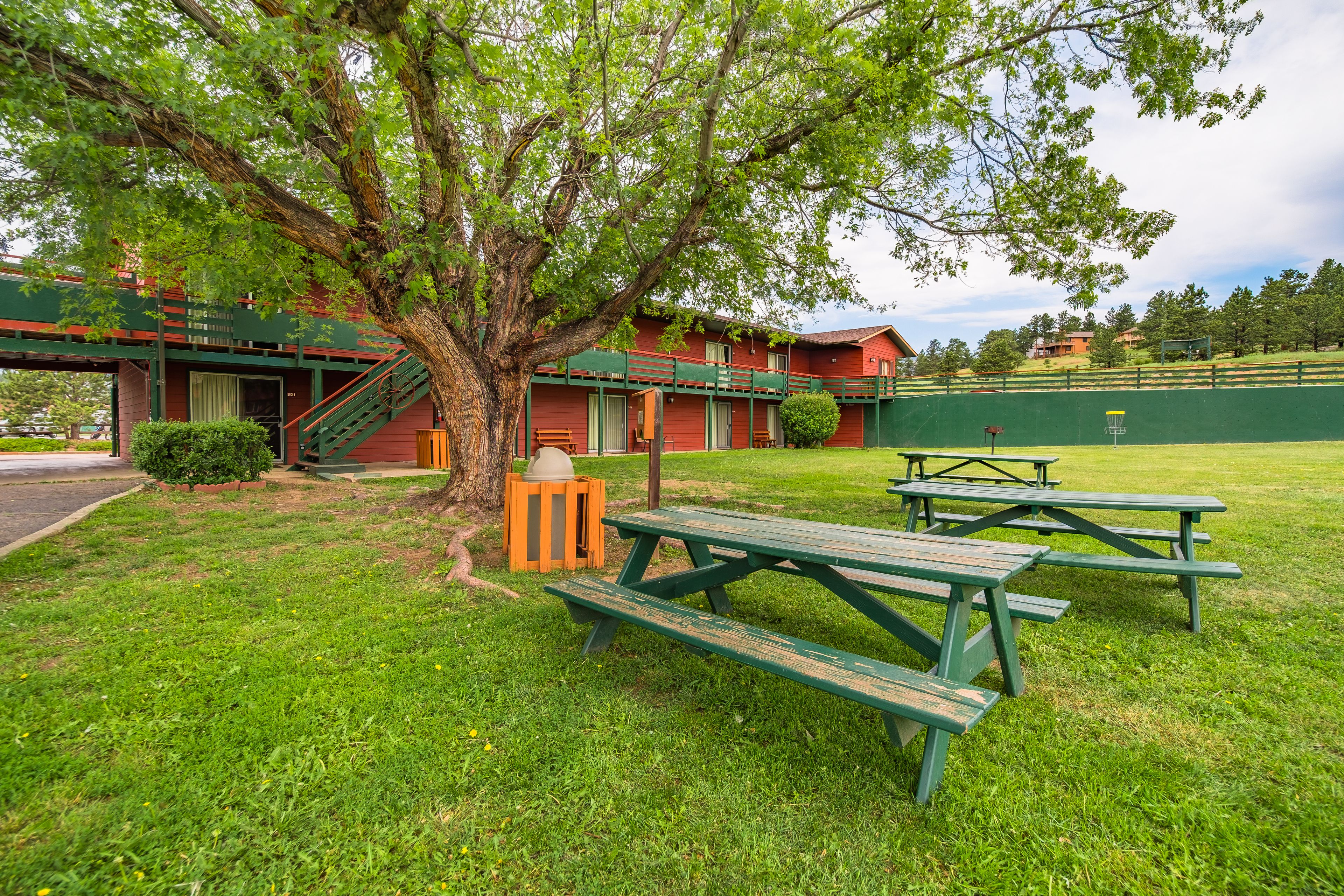 A park with picnic tables, a tree, and a building with a red exterior and green accents.