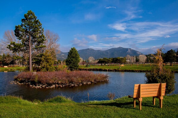 A bench by a lake with trees and mountains in the background. - Discovery Lodge (Estes Park)