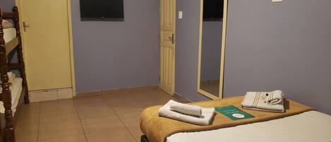 Un dormitorio con cama, espejo, televisor y armario.