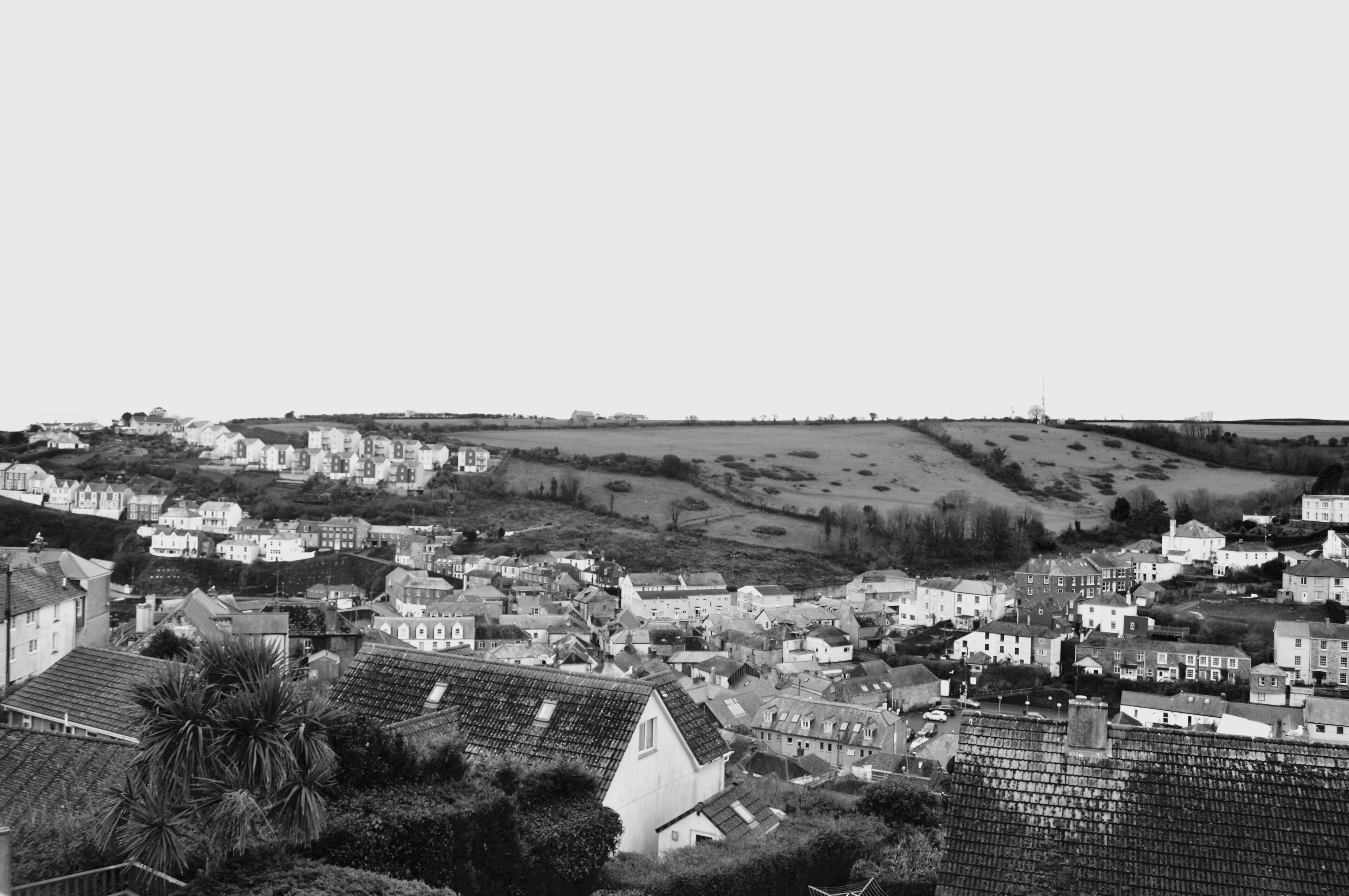 A black and white view of a town with a mix of residential buildings and open fields.