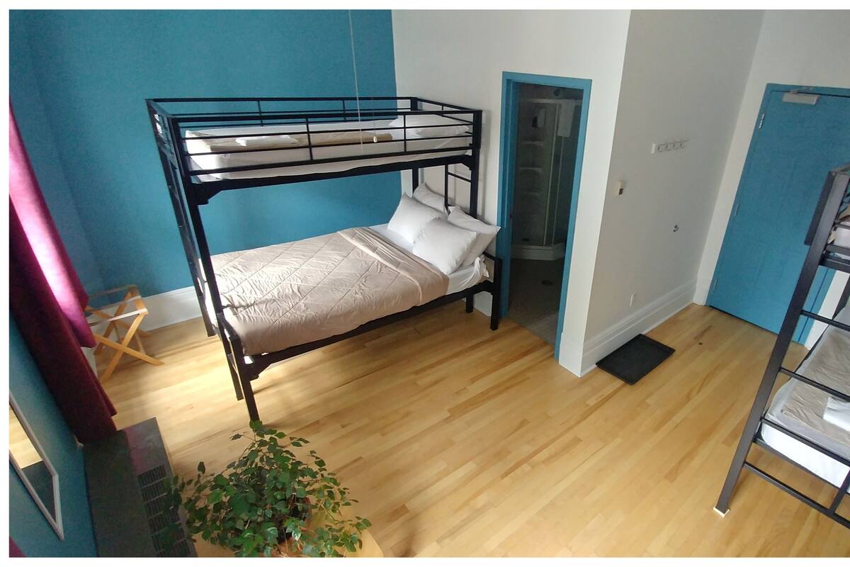 Dormitorio con literas, piso de madera, planta en maceta y puerta azul.