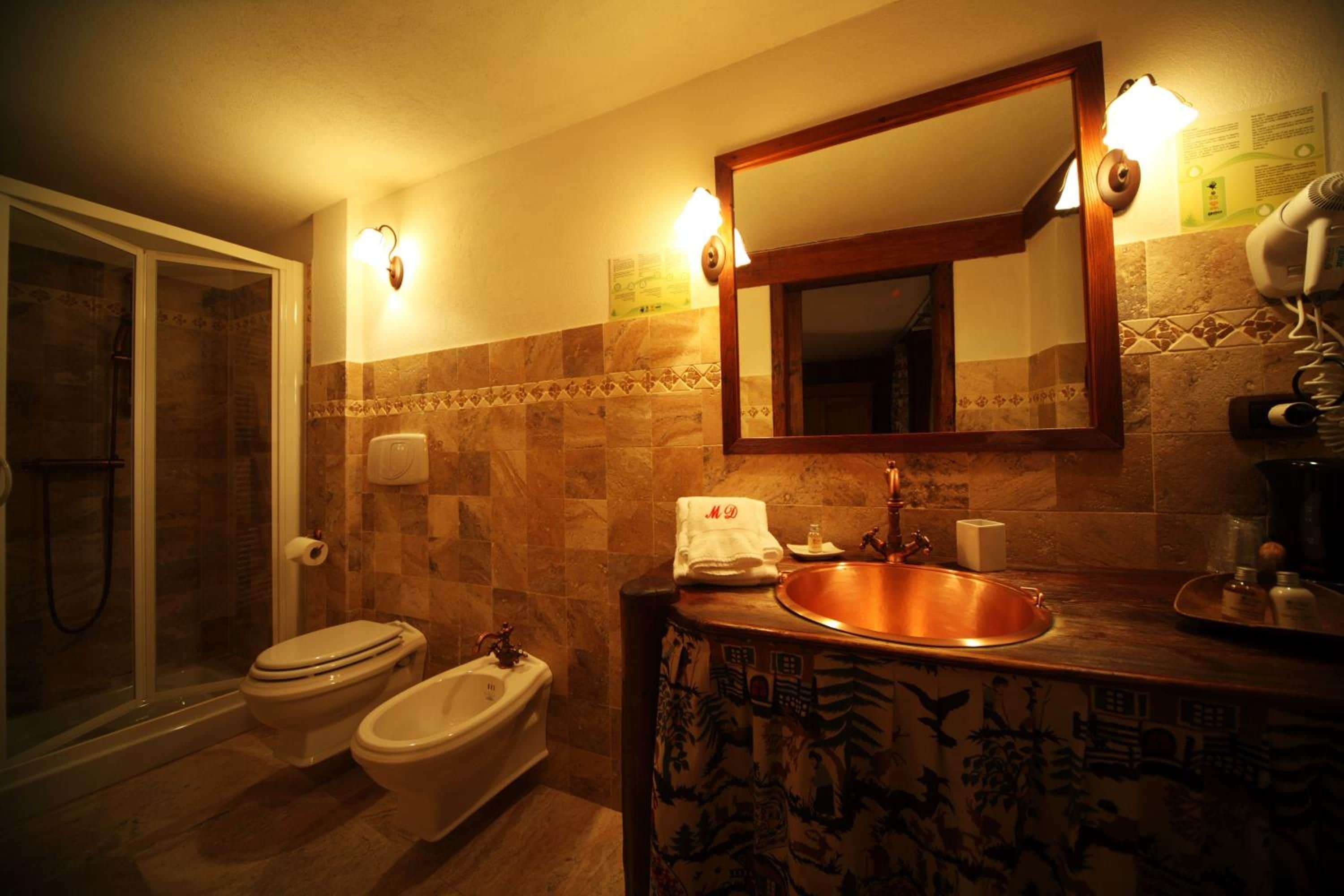 A bathroom with a shower, toilet, bidet, and a sink with a mirror above it.