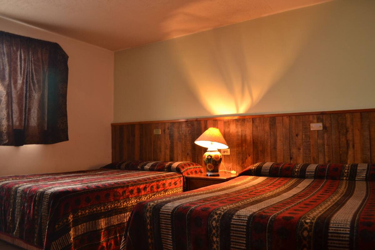 Ein Hotelzimmer mit zwei Betten, einem Holzkopfstück, einem Nachttisch mit Lampe und gemusterten Bettbezügen.
