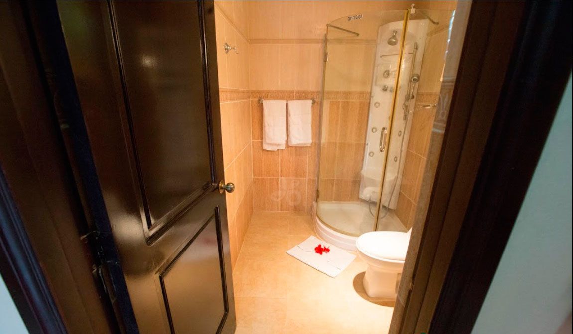 A small, compact bathroom with a shower, toilet, and a towel rack.