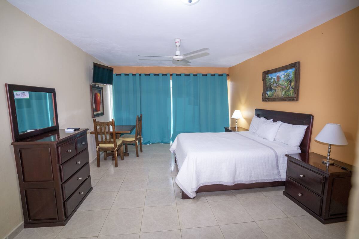 A hotel room with a bed, a desk, a chair, a television, and a ceiling fan.